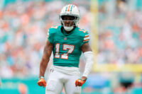 Dec 21, 2025; Miami Gardens, Florida, USA; Miami Dolphins wide receiver Jaylen Waddle (17) reacts during the second quarter against the Cincinnati Bengals at Hard Rock Stadium. Mandatory Credit: Sam Navarro-Imagn Images