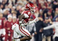 Dec 19, 2025; Norman, OK, USA; Oklahoma Sooners wide receiver Deion Burks (4) against the Alabama Crimson Tide during the CFP National Playoff First Round at Gaylord Family Oklahoma Memorial Stadium. Mandatory Credit: Mark J. Rebilas-Imagn Images
