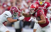 Indiana Hoosiers tight end Riley Nowakowski (37) rushes up the field against Alabama Crimson Tide defensive back Zabien Brown (2) on Thursday, Jan. 1, 2026, during the 112th annual Rose Bowl game in Pasadena. Indiana Hoosiers defeated Alabama Crimson Tide, 38-3.