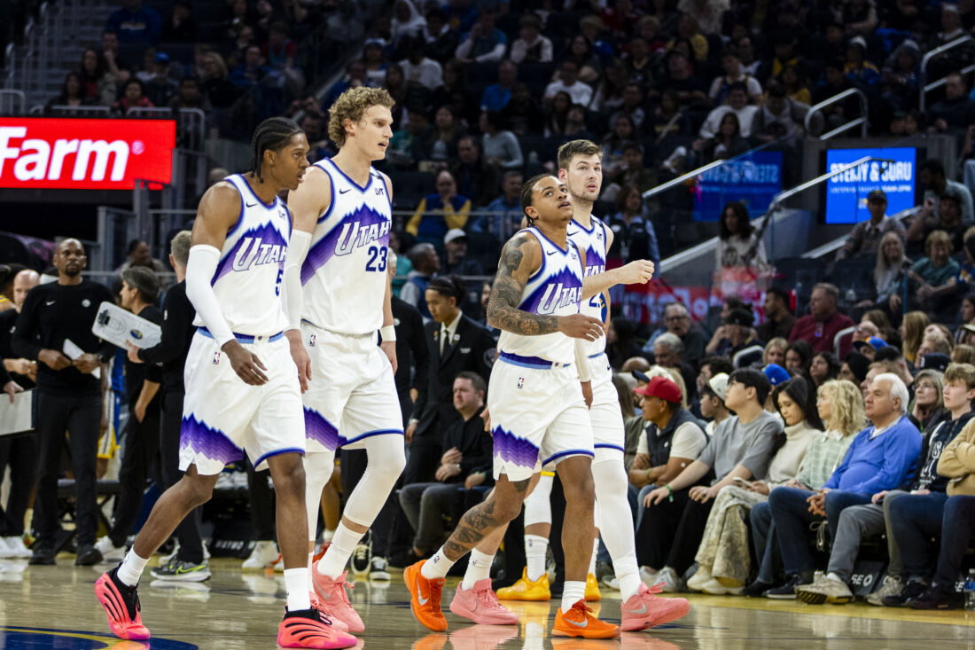 Jan 3, 2026; San Francisco, California, USA; Utah Jazz forward Cody Williams (5) and forward Lauri Markkanen (23) and guard Keyonte George (3) and center Walker Kessler (24) walk off the court during a time out in the second quarter against the Golden State Warriors at Chase Center. Mandatory Credit: John Hefti-Imagn Images
