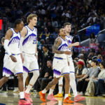 Jan 3, 2026; San Francisco, California, USA; Utah Jazz forward Cody Williams (5) and forward Lauri Markkanen (23) and guard Keyonte George (3) and center Walker Kessler (24) walk off the court during a time out in the second quarter against the Golden State Warriors at Chase Center. Mandatory Credit: John Hefti-Imagn Images