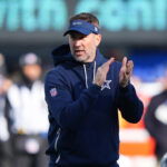Jan 4, 2026; East Rutherford, New Jersey, USA; Dallas Cowboys head coach Brian Schottenheimer looks on before the game against the New York Giants at MetLife Stadium. Mandatory Credit: Robert Deutsch-Imagn Images