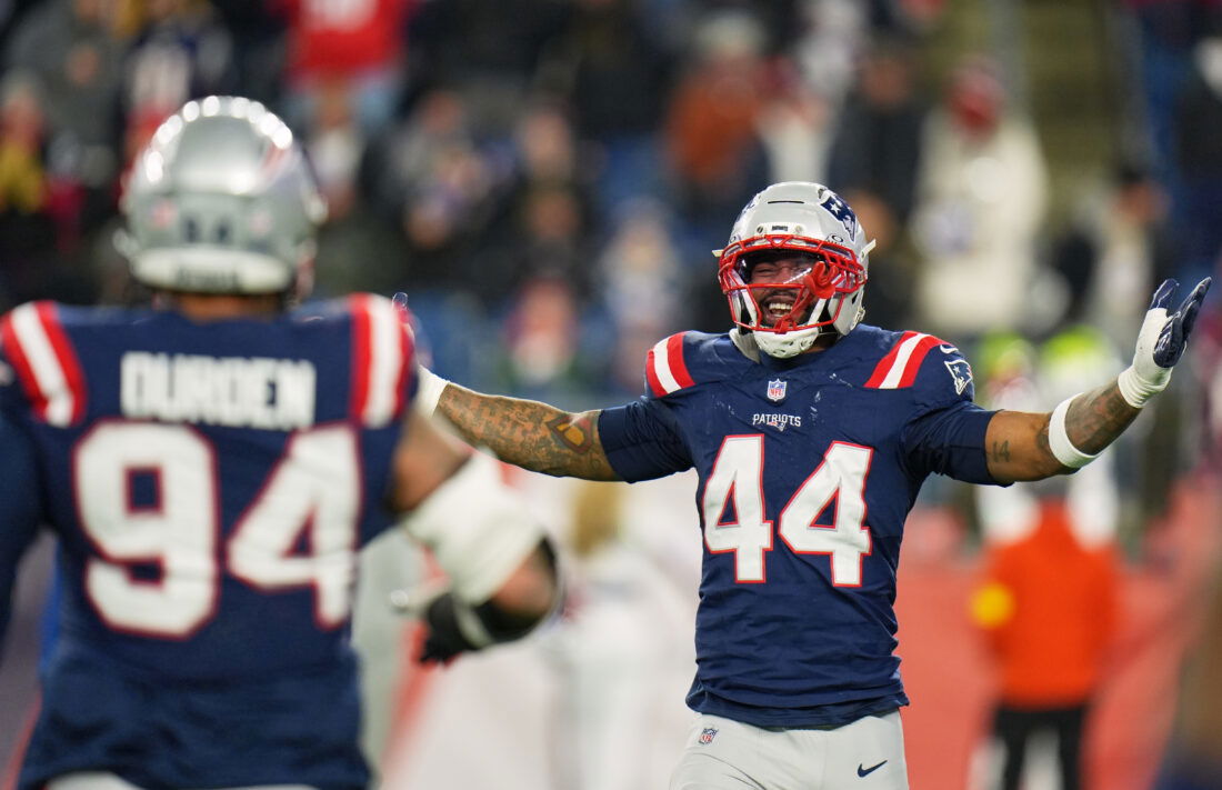Jan 4, 2026; Foxborough, Massachusetts, USA; New England Patriots linebacker K'Lavon Chaisson (44) reacts against the Miami Dolphins during the third quarter at Gillette Stadium. Mandatory Credit: David Butler II-Imagn Images