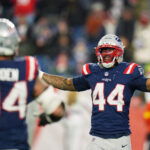 Jan 4, 2026; Foxborough, Massachusetts, USA; New England Patriots linebacker K'Lavon Chaisson (44) reacts against the Miami Dolphins during the third quarter at Gillette Stadium. Mandatory Credit: David Butler II-Imagn Images