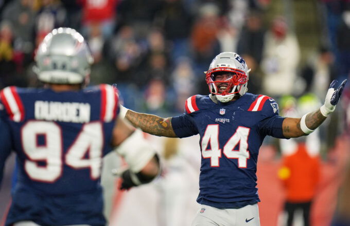 Jan 4, 2026; Foxborough, Massachusetts, USA; New England Patriots linebacker K'Lavon Chaisson (44) reacts against the Miami Dolphins during the third quarter at Gillette Stadium. Mandatory Credit: David Butler II-Imagn Images