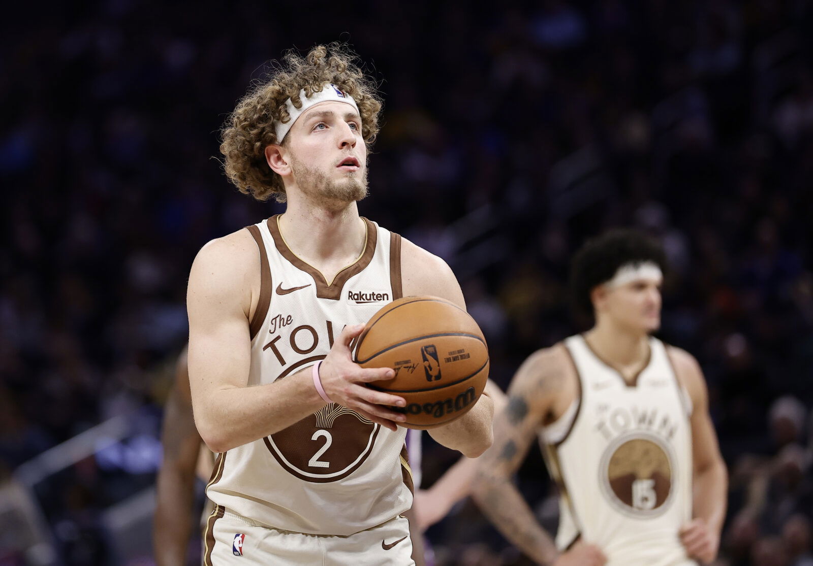 Jan 9, 2026; San Francisco, California, USA; Golden State Warriors guard Brandin Podziemski (2) shoots a free throw against the Sacramento Kings during the fourth quarter at Chase Center. Mandatory Credit: Kelley L Cox-Imagn Images