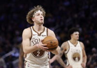 Jan 9, 2026; San Francisco, California, USA; Golden State Warriors guard Brandin Podziemski (2) shoots a free throw against the Sacramento Kings during the fourth quarter at Chase Center. Mandatory Credit: Kelley L Cox-Imagn Images