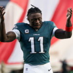 Jan 11, 2026; Philadelphia, PA, USA; Philadelphia Eagles wide receiver A.J. Brown (11) looks on prior to an NFC Wild Card Round game against the San Francisco 49ers at Lincoln Financial Field. Mandatory Credit: Bill Streicher-Imagn Images