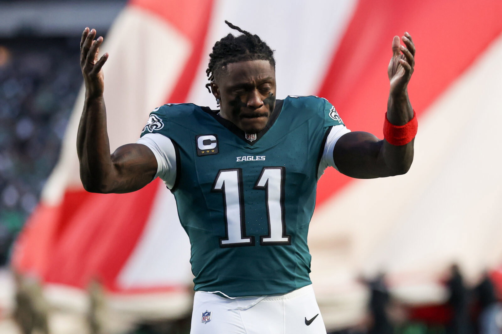 Jan 11, 2026; Philadelphia, PA, USA; Philadelphia Eagles wide receiver A.J. Brown (11) looks on prior to an NFC Wild Card Round game against the San Francisco 49ers at Lincoln Financial Field. Mandatory Credit: Bill Streicher-Imagn Images