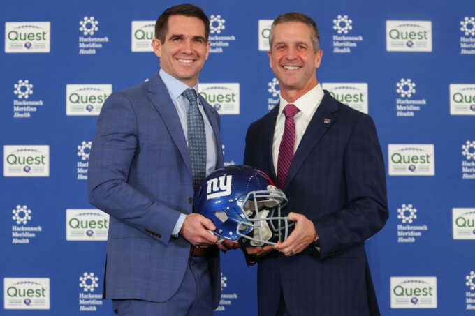 Jan 20, 2026; East Rutherford, NJ, USA; New York Giants general manager Joe Schoen and head coach John Harbaugh pose after the press conference announcing Harbaughs hiring at Quest Diagnostics Training Center.