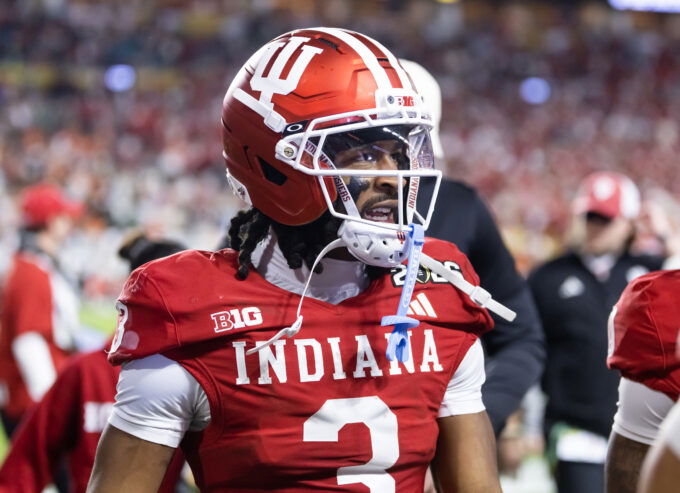 Jan 19, 2026; Miami Gardens, FL, USA; Indiana Hoosiers wide receiver Omar Cooper Jr. (3) against the Miami Hurricanes in the College Football Playoff National Championship game at Hard Rock Stadium.