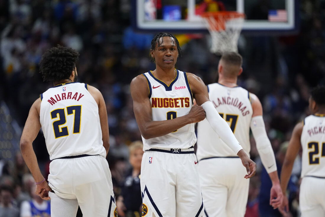 Jan 29, 2026; Denver, Colorado, USA; Denver Nuggets guard Peyton Watson (8) and guard Jamal Murray (27) during the first quarter against the Brooklyn Nets at Ball Arena. Mandatory Credit: Ron Chenoy-Imagn Images