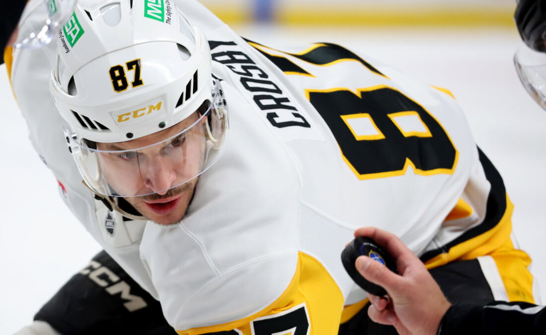 Feb 5, 2026; Buffalo, New York, USA; Pittsburgh Penguins center Sidney Crosby (87) waits for the face-off during the first period against the Buffalo Sabres at KeyBank Center. Mandatory Credit: Timothy T. Ludwig-Imagn Images