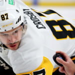 Feb 5, 2026; Buffalo, New York, USA; Pittsburgh Penguins center Sidney Crosby (87) waits for the face-off during the first period against the Buffalo Sabres at KeyBank Center. Mandatory Credit: Timothy T. Ludwig-Imagn Images