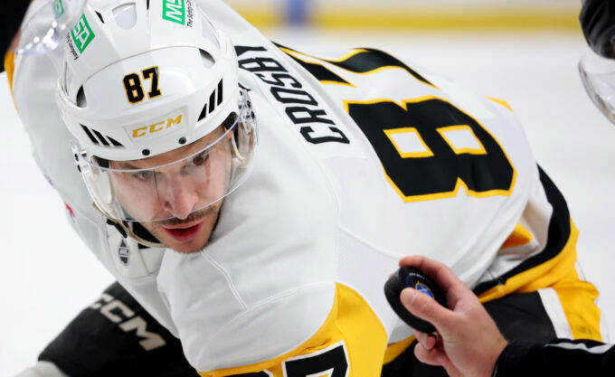 Feb 5, 2026; Buffalo, New York, USA; Pittsburgh Penguins center Sidney Crosby (87) waits for the face-off during the first period against the Buffalo Sabres at KeyBank Center. Mandatory Credit: Timothy T. Ludwig-Imagn Images