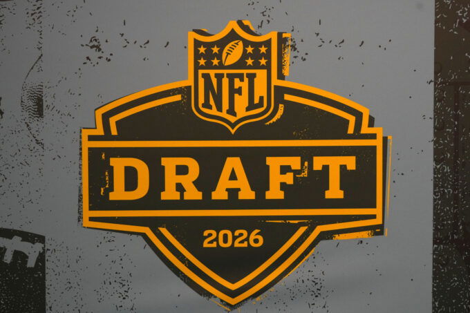 Feb 6, 2026; San Francisco, CA, USA; The 2026 NFL Draft logo at the Super Bowl LX Experience at the Moscone Center. Mandatory Credit: Kirby Lee-Imagn Images