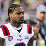 Feb 8, 2026; Santa Clara, CA, USA; New England Patriots wide receiver Stefon Diggs (8) against the Seattle Seahawks during Super Bowl LX at Levi's Stadium.