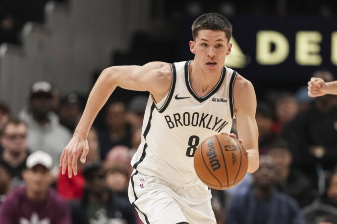Feb 22, 2026; Atlanta, Georgia, USA; Brooklyn Nets guard Egor Demin (8) dribbles against the Atlanta Hawks during the first half at State Farm Arena. Mandatory Credit: Dale Zanine-Imagn Images