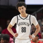 Feb 22, 2026; Atlanta, Georgia, USA; Brooklyn Nets guard Nolan Traore (88) on the court against the Atlanta Hawks during the second half at State Farm Arena.