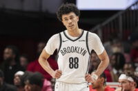 Feb 22, 2026; Atlanta, Georgia, USA; Brooklyn Nets guard Nolan Traore (88) on the court against the Atlanta Hawks during the second half at State Farm Arena.