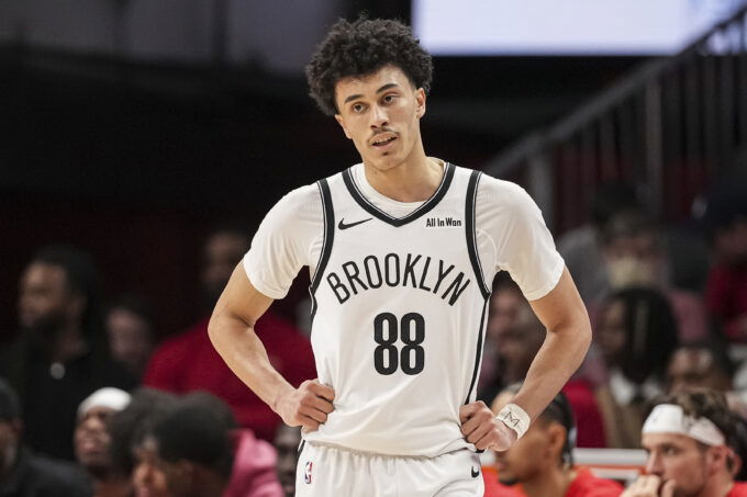 Feb 22, 2026; Atlanta, Georgia, USA; Brooklyn Nets guard Nolan Traore (88) on the court against the Atlanta Hawks during the second half at State Farm Arena.