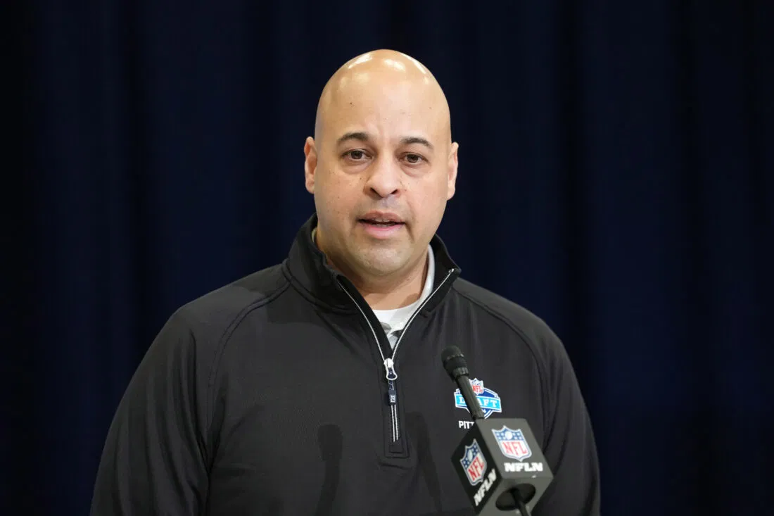 Feb 24, 2026; Indianapolis, IN, USA; Pittsburgh Steelers general manager Omar Khan speaks at the NFL Scouting Combine at the Indiana Convention Center. Mandatory Credit