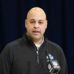 Feb 24, 2026; Indianapolis, IN, USA; Pittsburgh Steelers general manager Omar Khan speaks at the NFL Scouting Combine at the Indiana Convention Center. Mandatory Credit