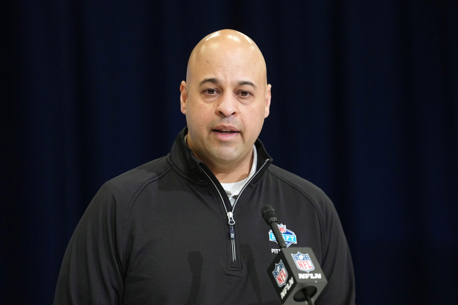 Feb 24, 2026; Indianapolis, IN, USA; Pittsburgh Steelers general manager Omar Khan speaks at the NFL Scouting Combine at the Indiana Convention Center. Mandatory Credit