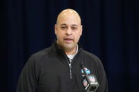 Feb 24, 2026; Indianapolis, IN, USA; Pittsburgh Steelers general manager Omar Khan speaks at the NFL Scouting Combine at the Indiana Convention Center. Mandatory Credit