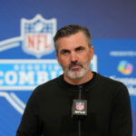 Feb 24, 2026; Indianapolis, IN, USA; Atlanta Falcons coach Kevin Stefanski speaks at the NFL Scouting Combine at the Indiana Convention Center.
