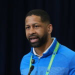 Feb 24, 2026; Indianapolis, IN, USA; Cleveland Browns general manager Andrew Berry speaks at the NFL Scouting Combine at the Indiana Convention Center. Mandatory Credit: Kirby Lee-Imagn Images