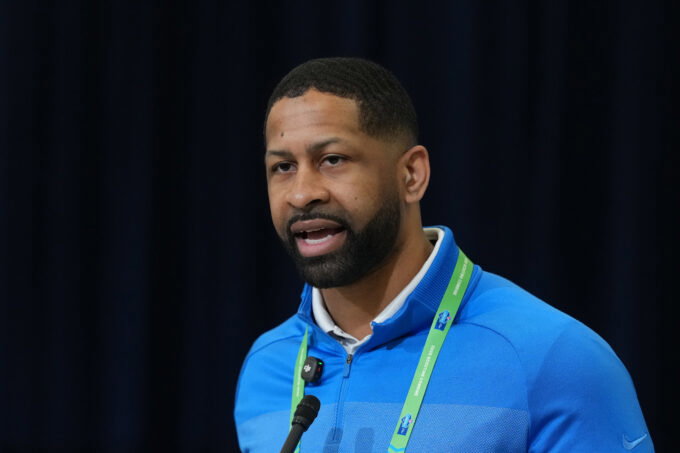 Feb 24, 2026; Indianapolis, IN, USA; Cleveland Browns general manager Andrew Berry speaks at the NFL Scouting Combine at the Indiana Convention Center. Mandatory Credit: Kirby Lee-Imagn Images