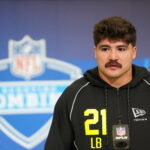 Feb 25, 2026; Indianapolis, IN, USA; Texas Tech linebacker Jacob Rodriguez (LB21) speaks during the NFL Scouting Combine at the Indiana Convention Center.