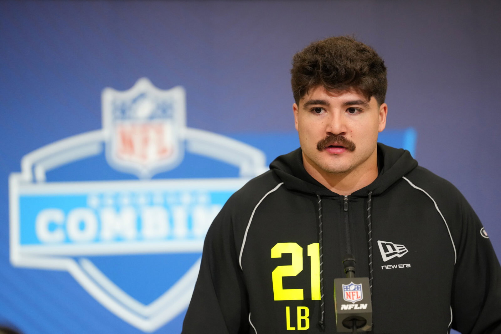 Feb 25, 2026; Indianapolis, IN, USA; Texas Tech linebacker Jacob Rodriguez (LB21) speaks during the NFL Scouting Combine at the Indiana Convention Center.