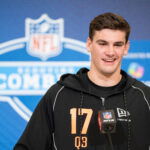 Feb 27, 2026; Indianapolis, IN, USA; Alabama quarterback Ty Simpson (QB17) speaks to members of the media during the NFL Combine at the Indiana Convention Center. Mandatory Credit: