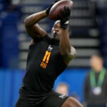 Feb 28, 2026; Indianapolis, IN, USA; Notre Dame running back Jeremiyah Love (RB11) during the NFL Scouting Combine at Lucas Oil Stadium. Mandatory Credit: