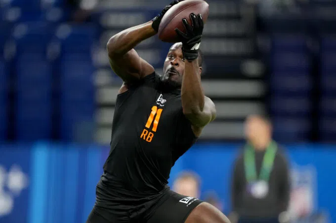 Feb 28, 2026; Indianapolis, IN, USA; Notre Dame running back Jeremiyah Love (RB11) during the NFL Scouting Combine at Lucas Oil Stadium. Mandatory Credit: