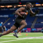 Feb 28, 2026; Indianapolis, IN, USA; Notre Dame running back Jeremiyah Love (RB11) during the NFL Scouting Combine at Lucas Oil Stadium. Mandatory Credit: Kirby Lee-Imagn Images
