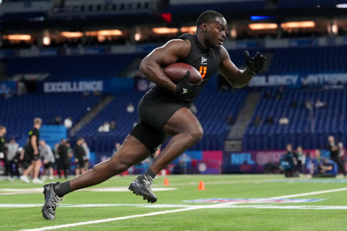 Feb 28, 2026; Indianapolis, IN, USA; Notre Dame running back Jeremiyah Love (RB11) during the NFL Scouting Combine at Lucas Oil Stadium. Mandatory Credit: Kirby Lee-Imagn Images
