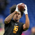 Feb 28, 2026; Indianapolis, IN, USA; Texas A&M wideout KC Concepcion (WO16) during the NFL Scouting Combine at Lucas Oil Stadium. Mandatory Credit: