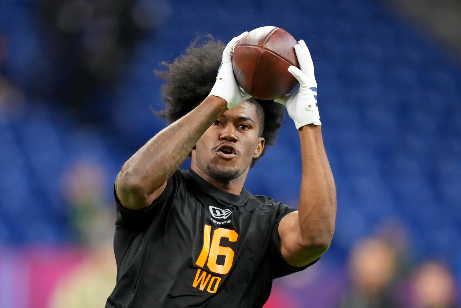 Feb 28, 2026; Indianapolis, IN, USA; Texas A&M wideout KC Concepcion (WO16) during the NFL Scouting Combine at Lucas Oil Stadium. Mandatory Credit: