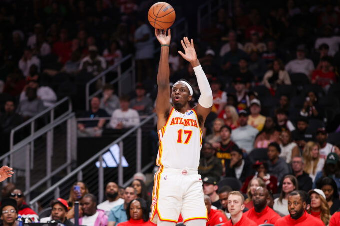Mar 1, 2026; Atlanta, Georgia, USA; Atlanta Hawks forward Onyeka Okongwu (17) shoots against the Portland Trail Blazers in the fourth quarter at State Farm Arena. Mandatory Credit: Brett Davis-Imagn Images