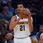 Feb 22, 2026; San Francisco, California, USA; Denver Nuggets forward Spencer Jones (21) looks to pass in the second quarter against the Golden State Warriors at Chase Center.