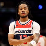 Feb 22, 2026; Washington, District of Columbia, USA; Washington Wizards guard Sharife Cooper (13) looks on during the first half against the Charlotte Hornets at Capital One Arena. Mandatory Credit: Daniel Kucin Jr.-Imagn Images