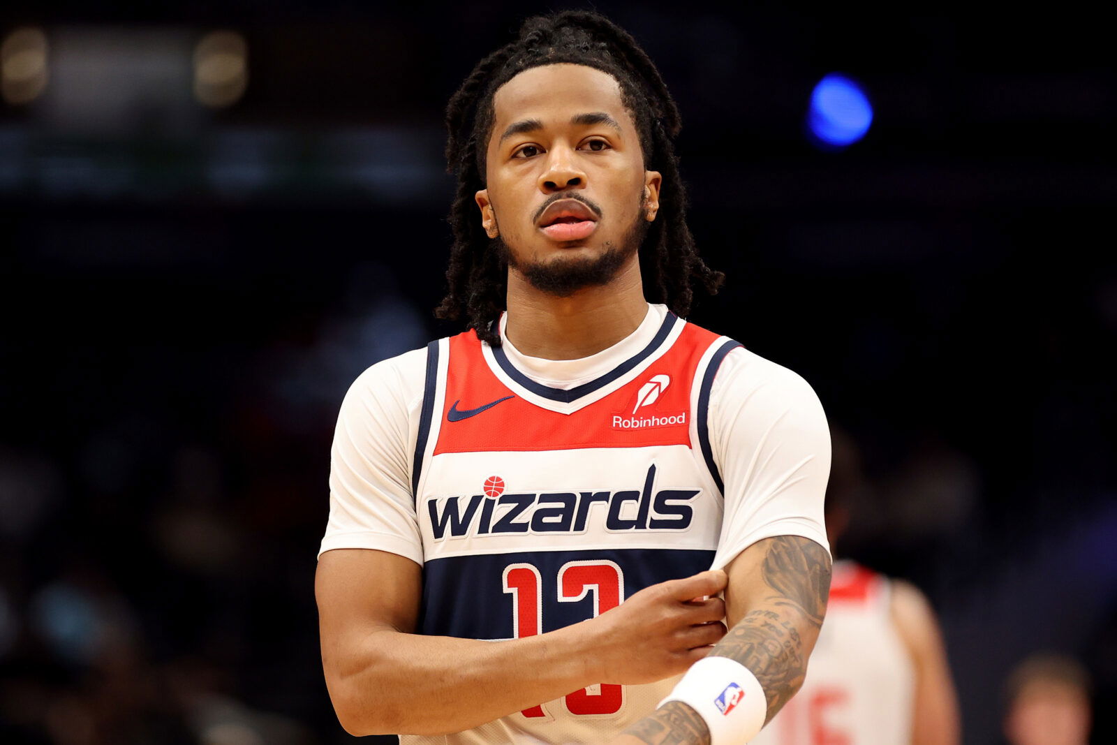 Feb 22, 2026; Washington, District of Columbia, USA; Washington Wizards guard Sharife Cooper (13) looks on during the first half against the Charlotte Hornets at Capital One Arena. Mandatory Credit: Daniel Kucin Jr.-Imagn Images