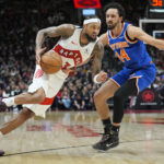 Mar 3, 2026; Toronto, Ontario, CAN; Toronto Raptors forward Brandon Ingram (3) drives to the basket against New York Knicks guard Landry Shamet (44) during the second half at Scotiabank Arena. Mandatory Credit: