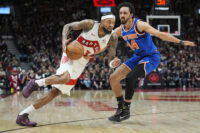 Mar 3, 2026; Toronto, Ontario, CAN; Toronto Raptors forward Brandon Ingram (3) drives to the basket against New York Knicks guard Landry Shamet (44) during the second half at Scotiabank Arena. Mandatory Credit: