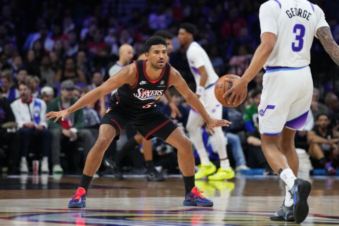 Mar 4, 2026; Philadelphia, Pennsylvania, USA; Philadelphia 76ers guard Quentin Grimes (5) in action against the Utah Jazz in the first quarter at Xfinity Mobile Arena. Mandatory Credit: Kyle Ross-Imagn Images