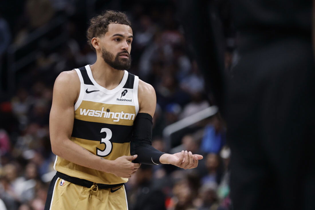 Mar 5, 2026; Washington, District of Columbia, USA; Washington Wizards guard Trae Young (3) stands on the court against the Utah Jazz in the second half at Capital One Arena.