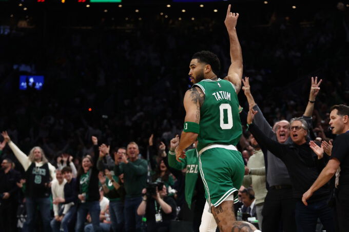 Mar 6, 2026; Boston, Massachusetts, USA; Boston Celtics forward Jayson Tatum (0) celebrates after making a three point basket against the Dallas Mavericks during the second quarter at TD Garden. Mandatory Credit: Winslow Townson-Imagn Images